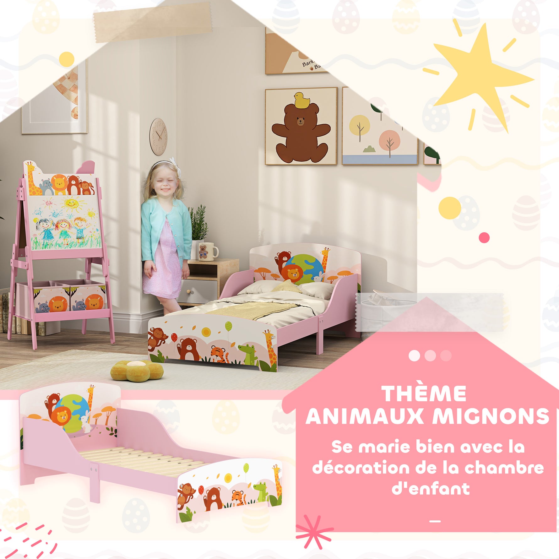 Lit Enfant 70x140 cm motif animal 140 x 70 cm avec sommier à lattes en bois design bas sécurisé rose