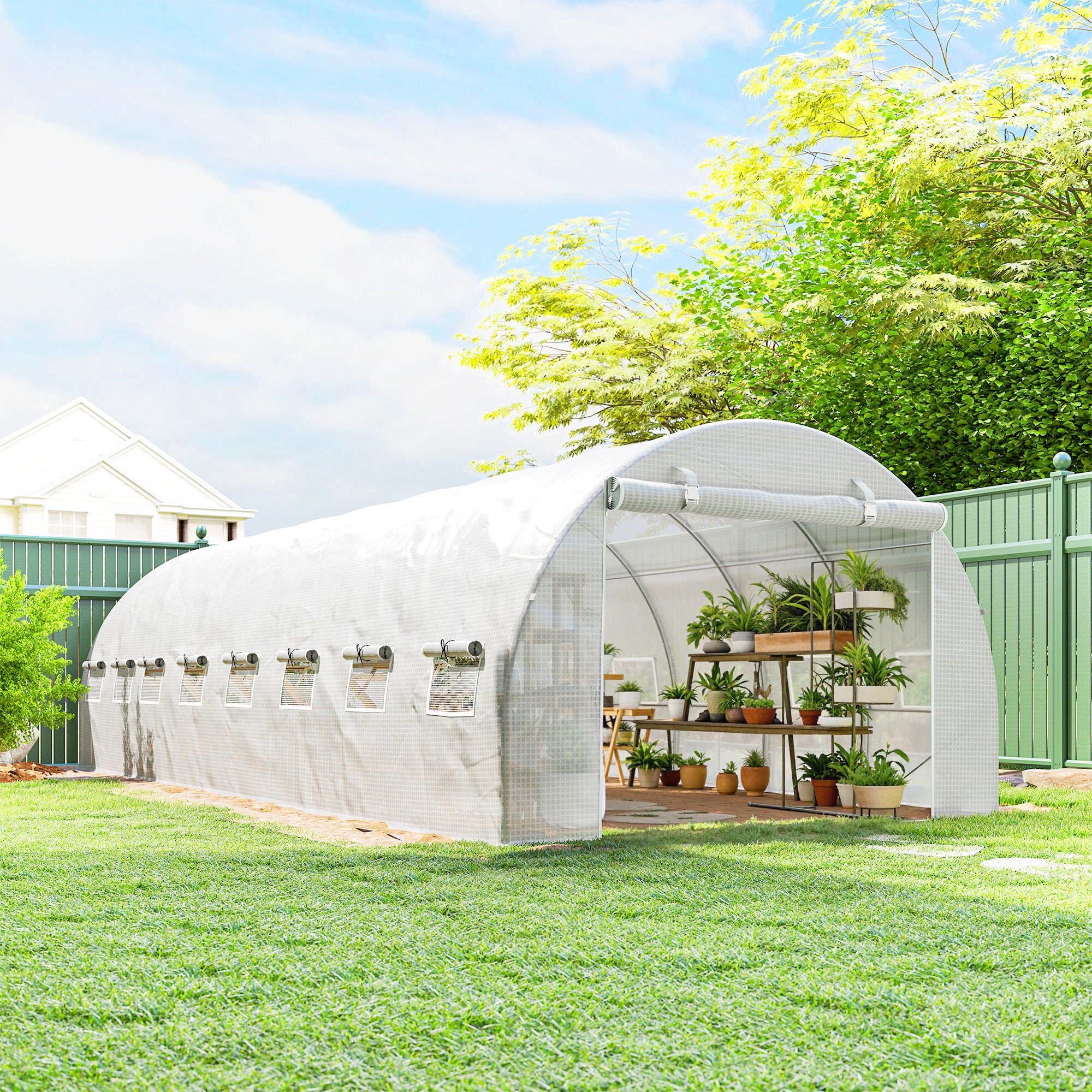 Serra da giardino a tunnel 24m² 8L x 3l x 2H m - 16 finestre, Porta zippata arrotolabile acciaio galvanizzato, telo PE, Bianco