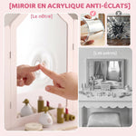 Coiffeuse pour Enfants avec Tabouret et Miroir à Trois Volets en Acrylique, 2 Tiroirs et 2 Placards, Rose