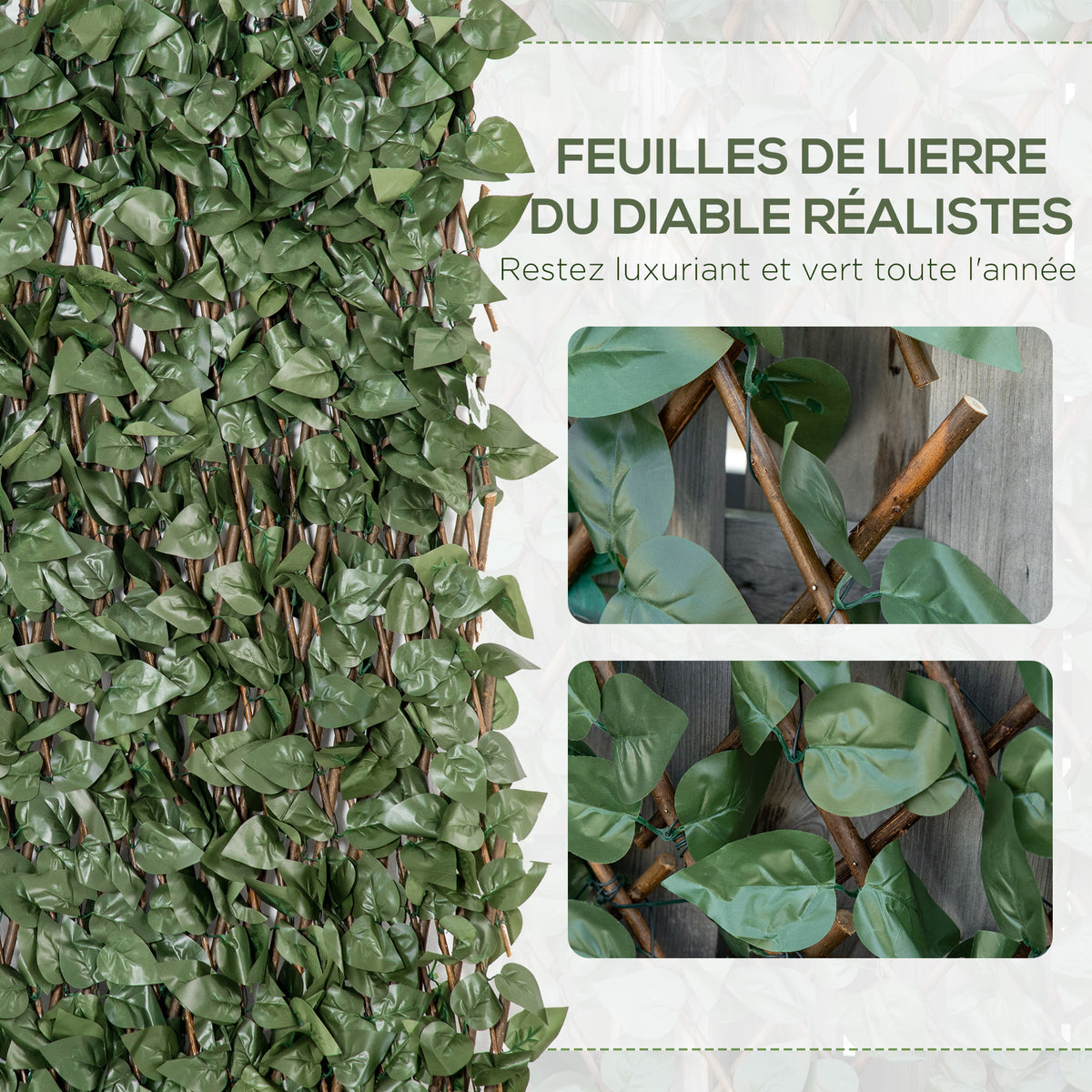 Lot de 4 Haies Artificielles de Lierre Extensible, Feuilles Murale Brise-vue en Polyester Osier, 200 x 100 cm, Vert