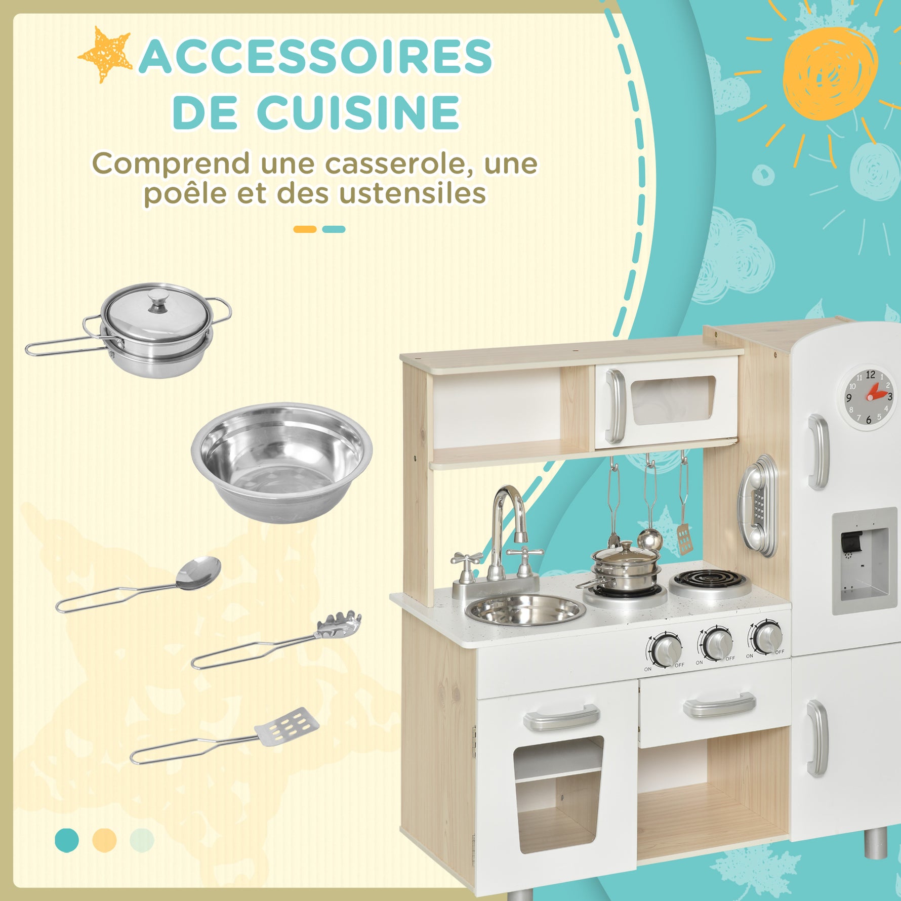 Cuisine Bois Jeu d'imitation - Cuisine Enfant - Nombreux Accessoires & rangements Inclus - MDF pin Blanc chêne Clair