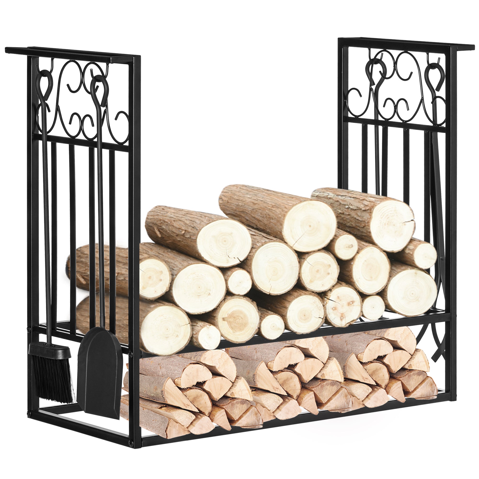 Porte-bûches range bûches étagère à bois de cheminée serviteur de cheminée multi-accessoires dim. 75L x 30l x 60H cm acier noir