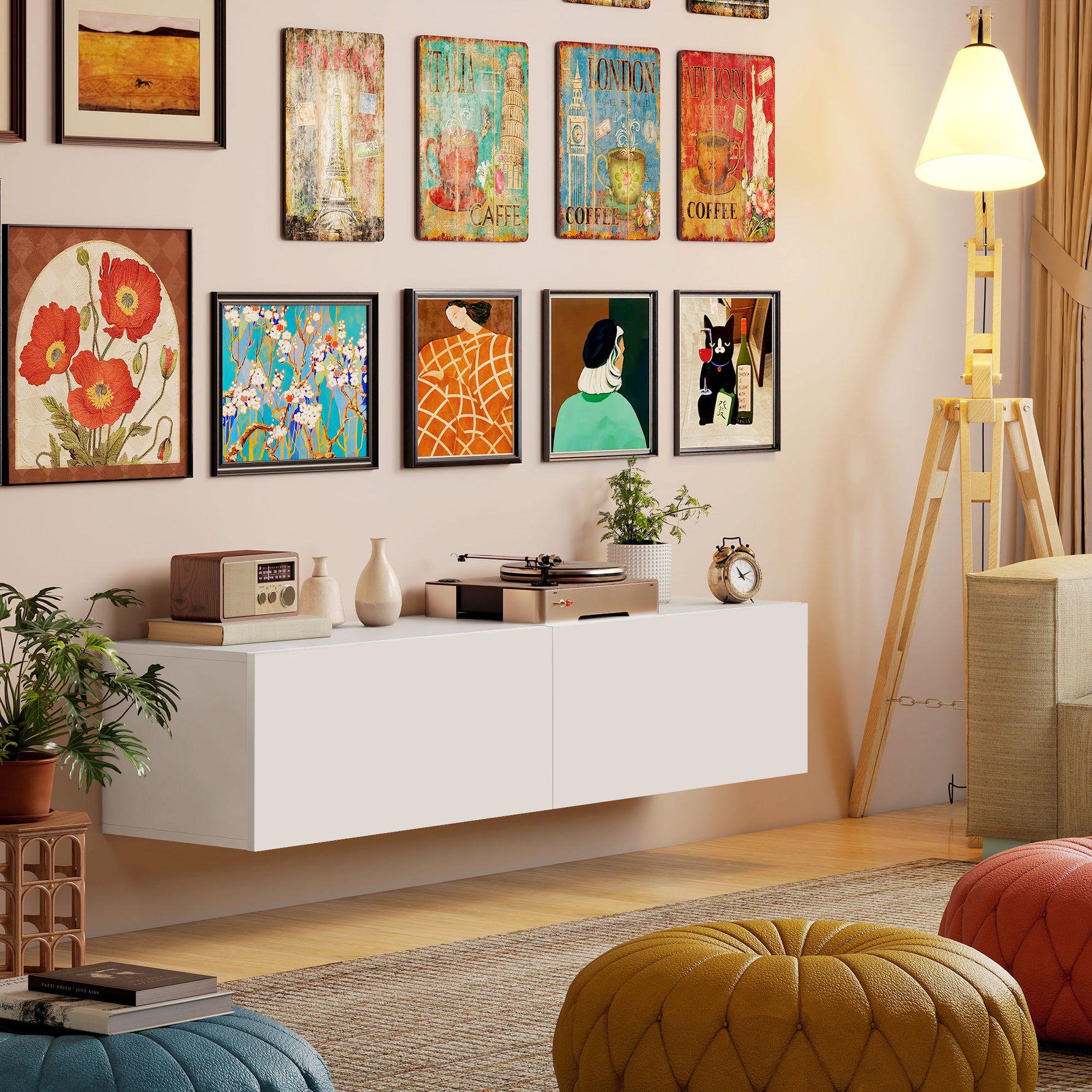 Meuble TV suspendu pour téléviseur jusqu'à 45 55 65 pouces avec 2 placards à portes, 140 x 33 x 29,8 cm, blanc