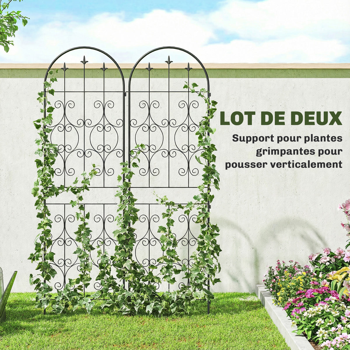 Lot de 2 Supports pour Plantes Grimpantes, Treillis de Jardin, pour Légumes, Vignes, Fleurs, en Métal, 50 x 180 cm, Noir