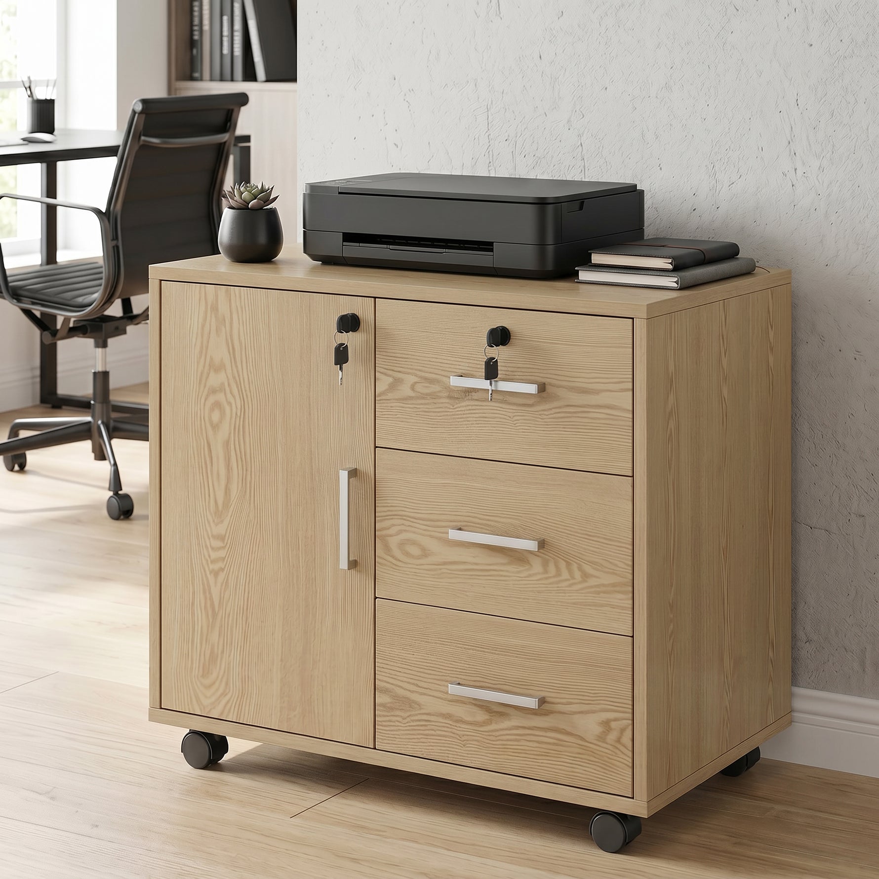 Caisson bureau meuble de rangement verrouillable avec 3 tiroirs et étagère réglable, roulettes, 40 x 60 x 56 cm, marron clair