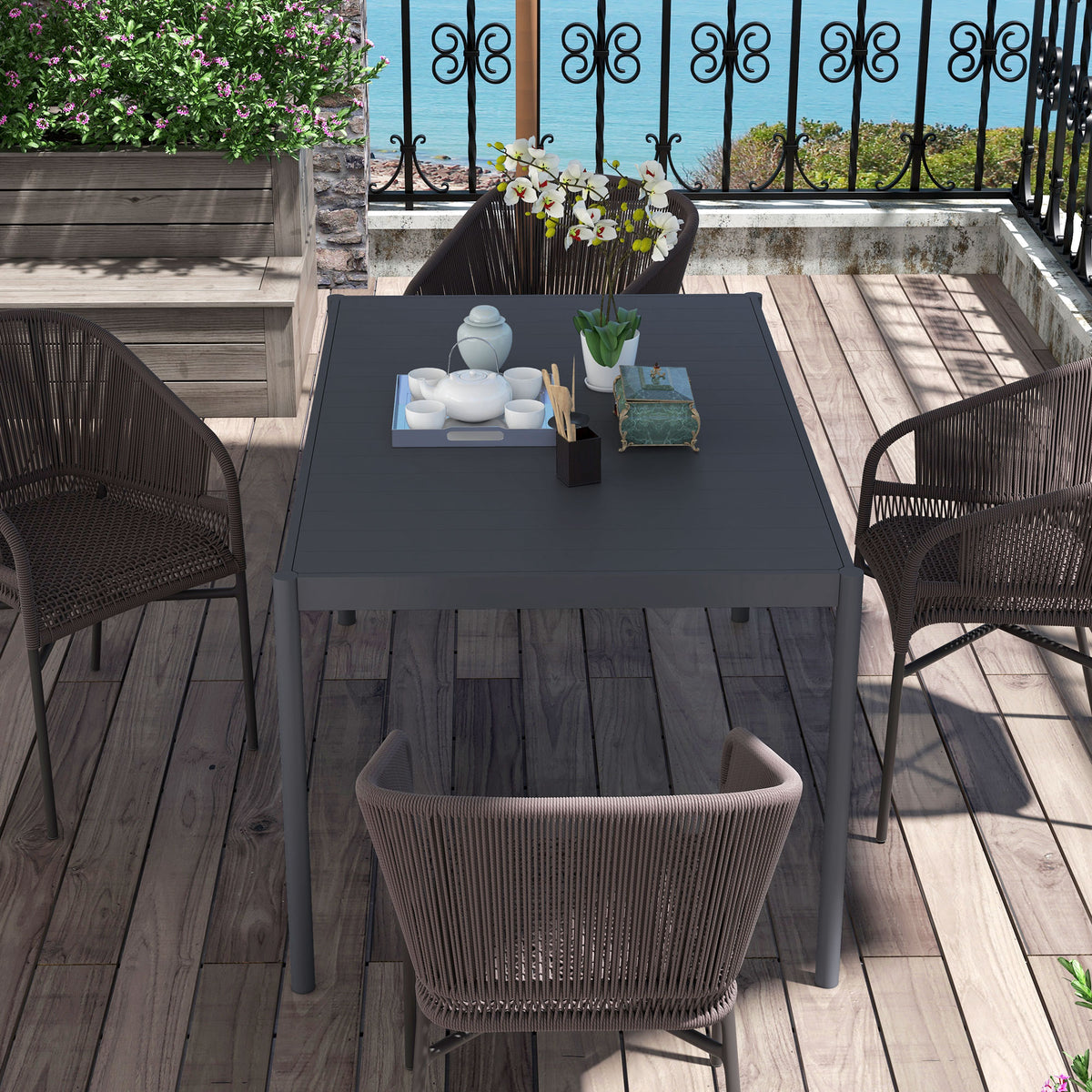 Table de jardin rectangulaire pour 6 personnes en aluminium plateau à lattes dim. 145L x 90l x 74H cm gris