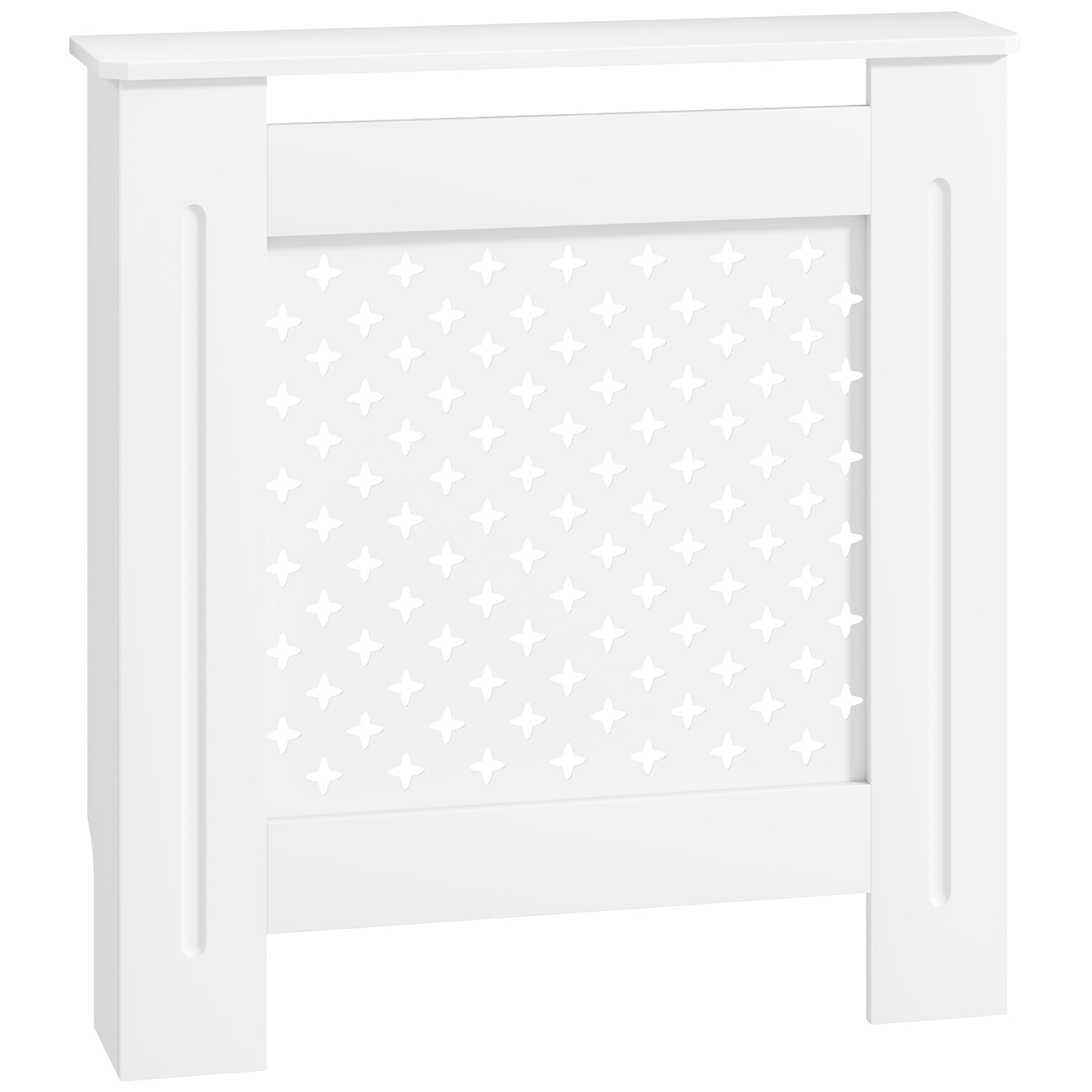 Erradiadore-estalkia, erradiadore-babesa, sare gurutzatuko diseinua, egongelarako eta logelarako, egurrezkoa, 78l x 19S x 82A cm, zuria