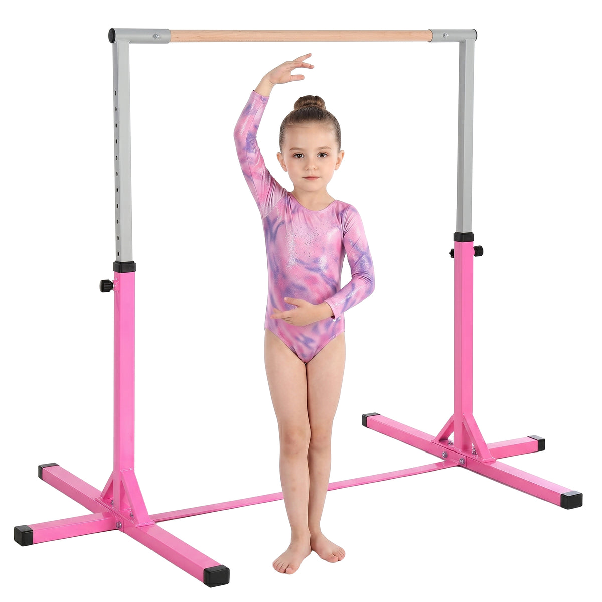 Barre Fixe de Gymnastique pour Enfant, Hauteur Réglable sur 13 Niveaux de 92-150 cm, en Acier et Bois de Hêtre, Barre de Gym d'Entraînement à Domicile, Antidérapant, Facile à Assembler, Rose