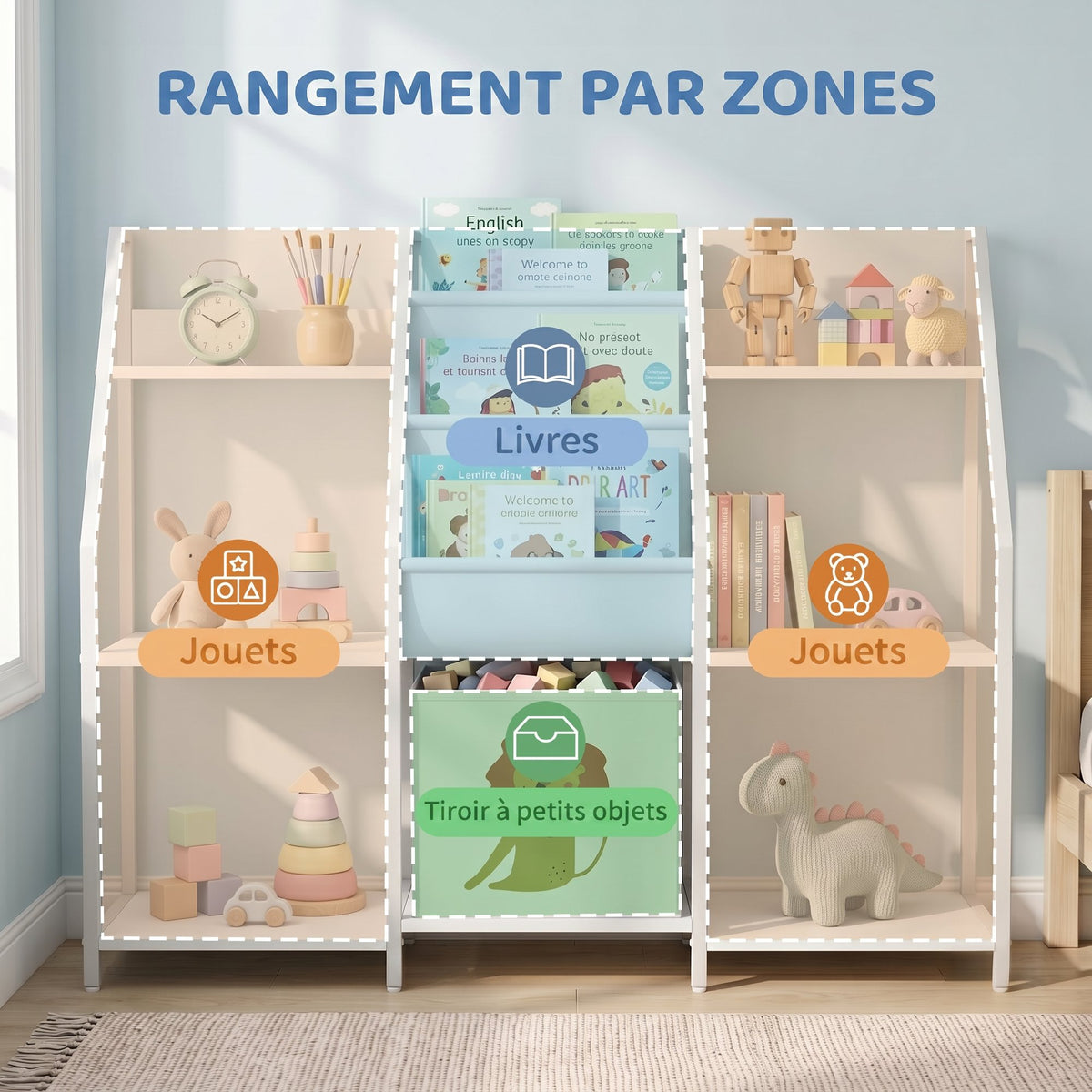 Kinderbücherregal mit 3 Ebenen, Kinderregal mit Stoffschublade, 93 x 30 x 76 cm, Weiß