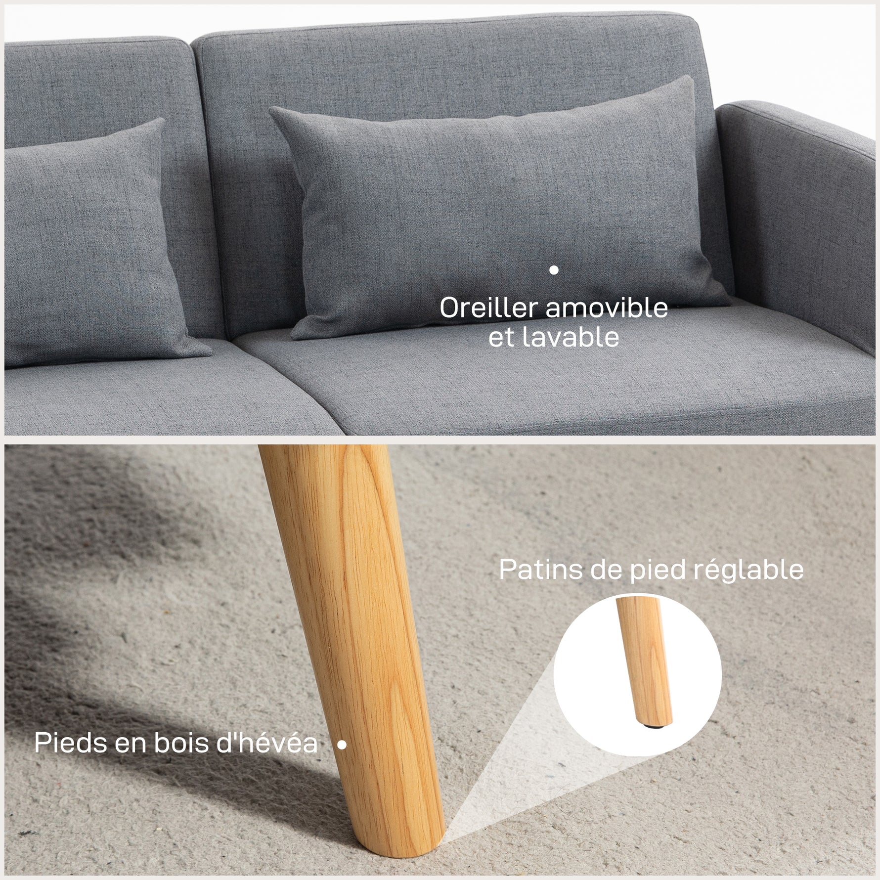 Canapé convertible 3 places design clic clac dossier inclinable et accoudoirs réglables tissu effet lin gris