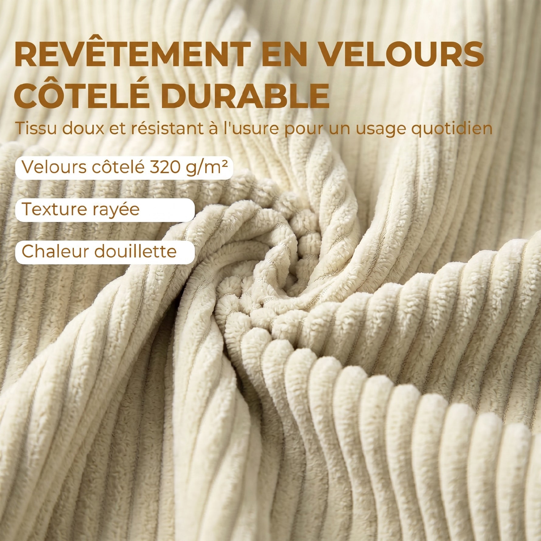 Banc de rangement 73 L, coffre de rangement rembourré en velours côtelé avec accoudoirs et pieds en bois d'hévéa, beige