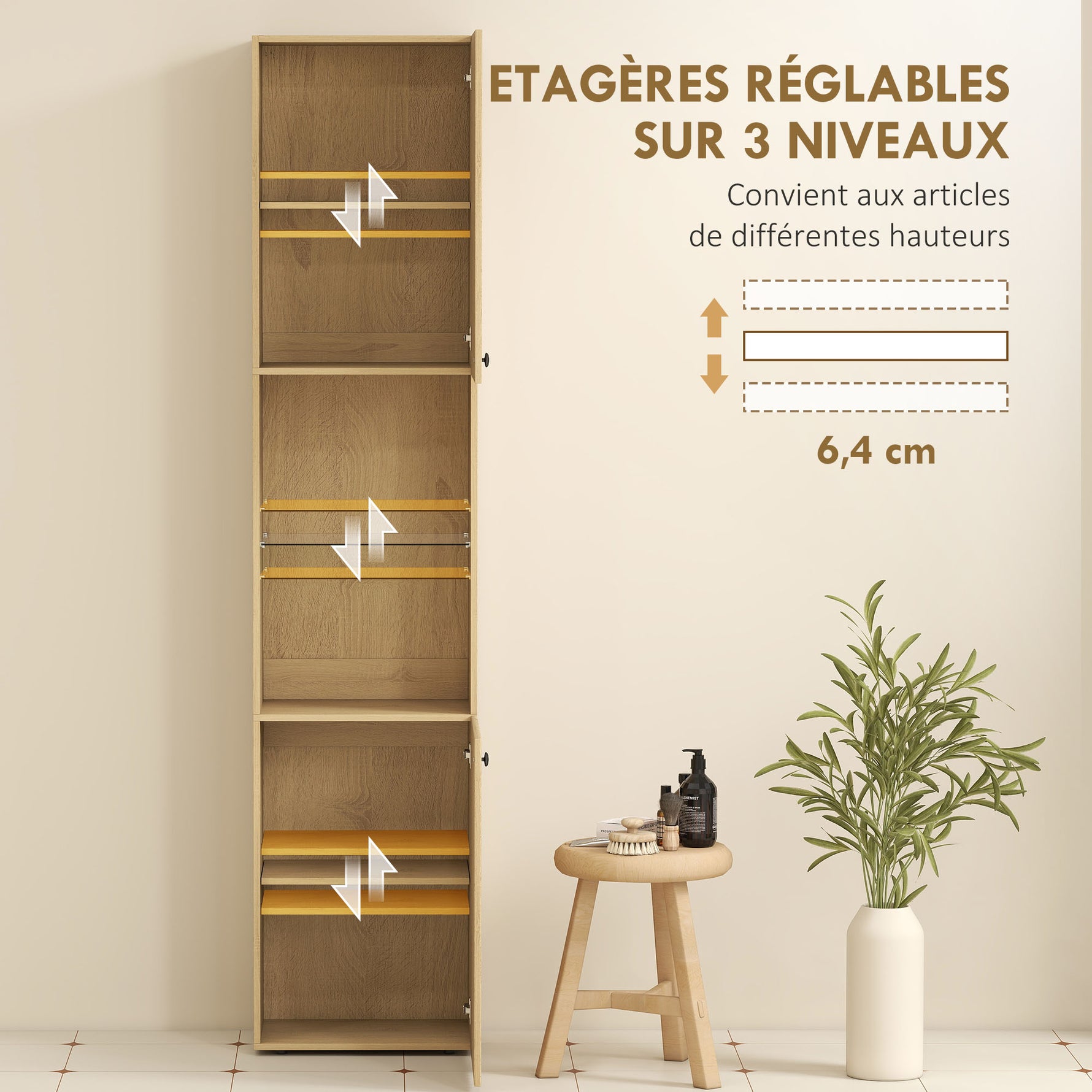 Armoire salle de bain haute, meuble de rangement colonne 6 niveaux 2 portes et étagères réglables, 40x31x182cm, chêne
