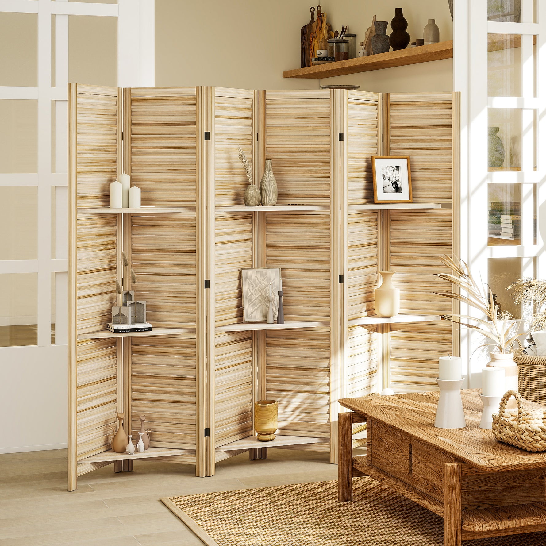Paravent intérieur en bois 4 panneaux 160 x 170 cm, séparateur de pièce pliable 3 étagères, bois naturel effet brûlé
