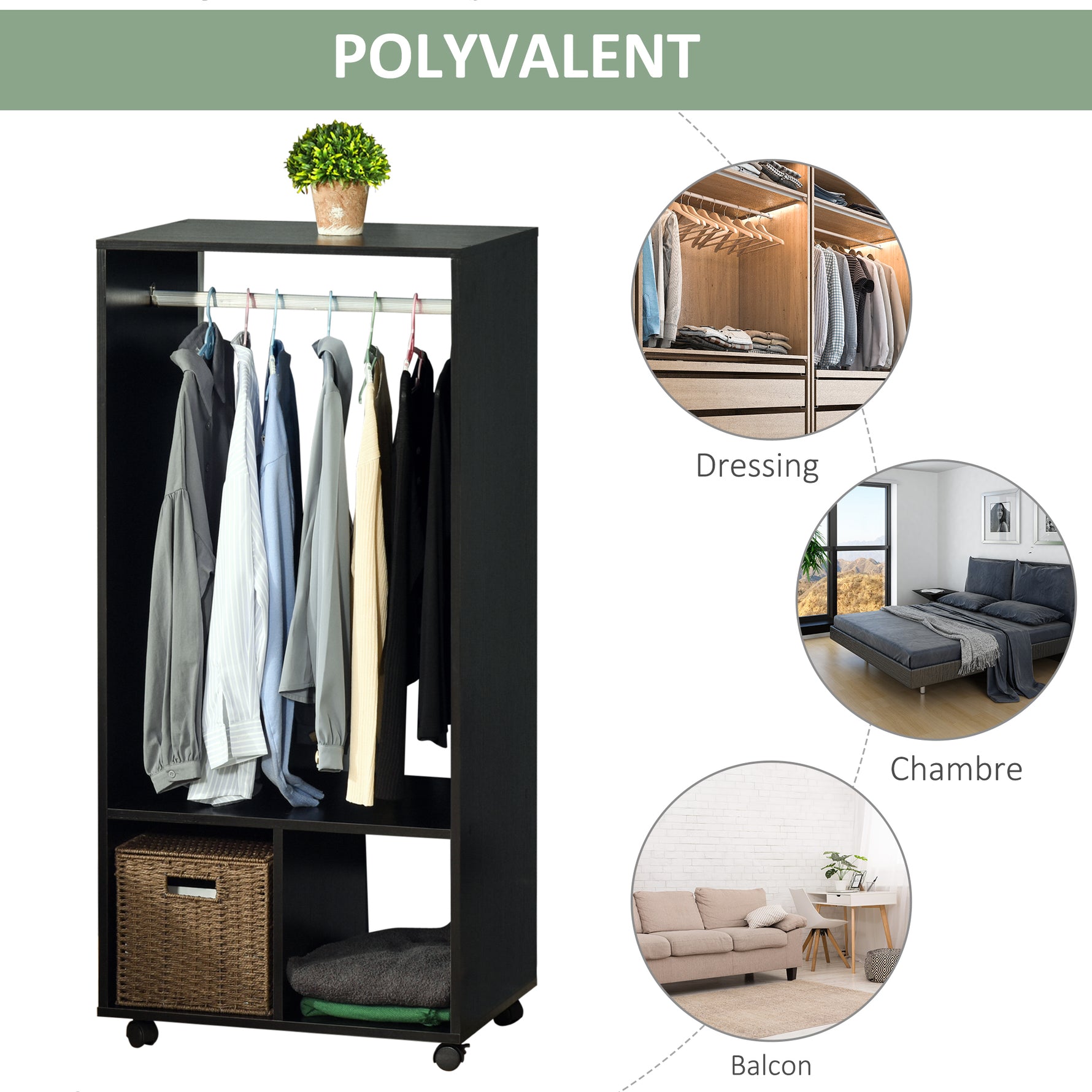 Lot de 2 portants à vêtements penderie mobile avec roulettes 2 niches + Grand Espace penderie en bois noir