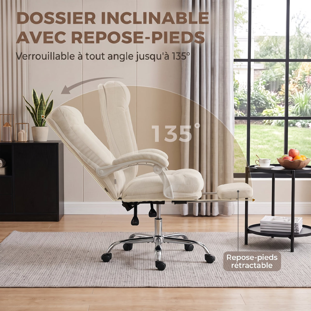 Chaise Bureau Ergonomique, Fauteuil de Bureau Inclinable en Chenille, Hauteur Réglable, Repose-Pieds, Crème