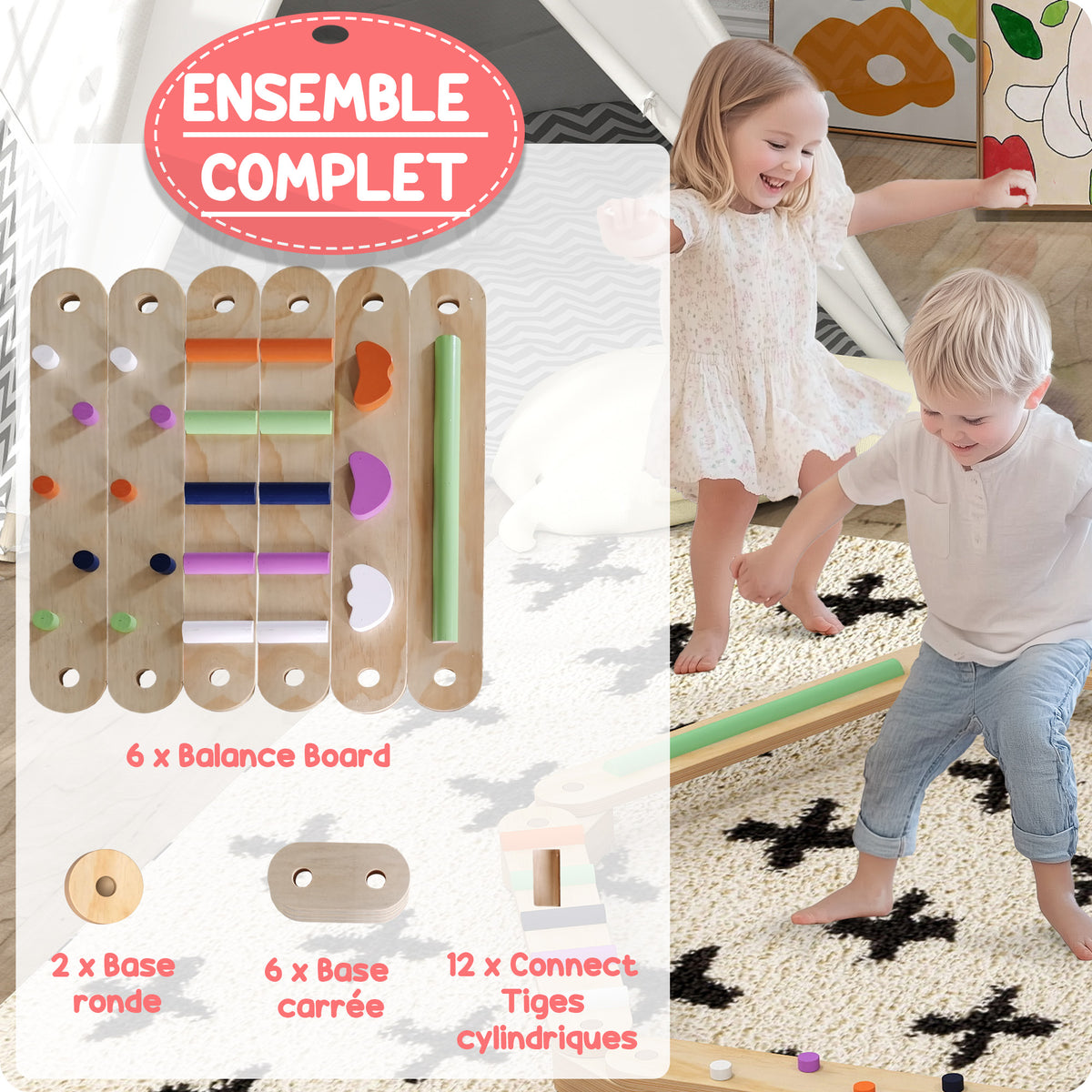 Viga de equilibrio de madera para niños de 3 a 8 años con piedras de obstáculos coloridas, interior y exterior