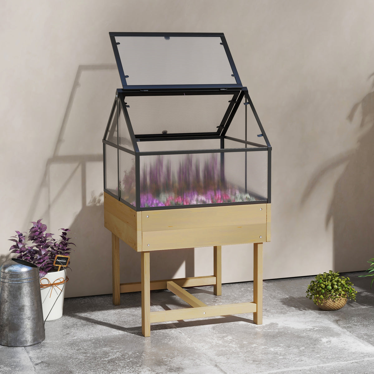 Miniserre op poten afm. 60L x 57b x 103H cm, dubbel openslaand dak, polycarbonaat panelen, staal, behandeld dennenhout