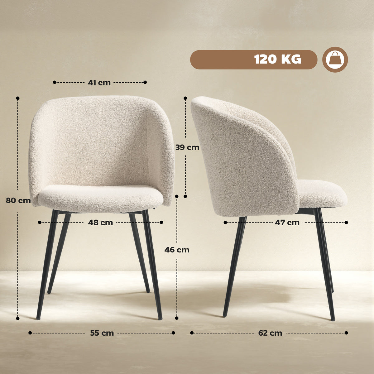 Juego de 2 sillas de comedor con respaldo de tela efecto lana de borreguito, patas de acero, 55 x 62 x 80 cm, beige negro