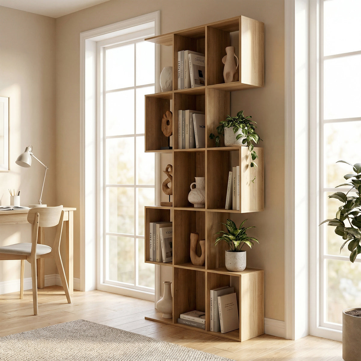 Bibliothèque à 5 niveaux, étagère de rangement en forme S avec 15 compartiments ouverts, 80 x 24 x 200 cm, chêne