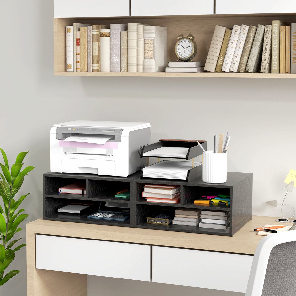 Organizador de escritorio aspecto negro con 3 compartimentos para suministros y soporte de impresora 47 x 40 x 22,5 cm
