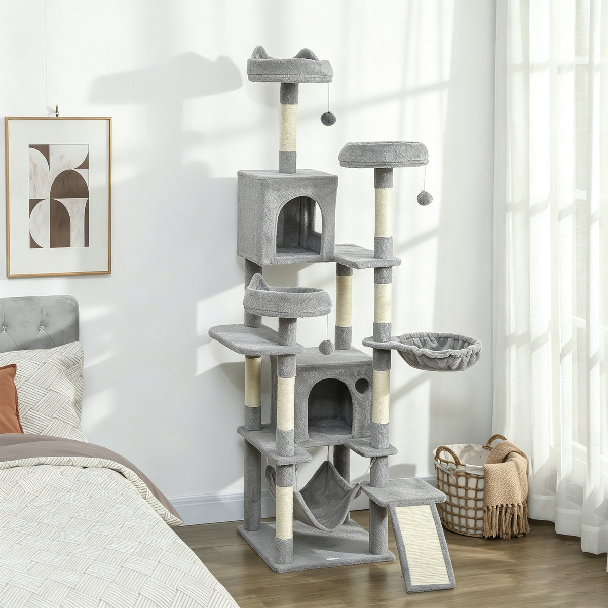 Arbre à chat tour de jeux pour chat 8 poteaux à griffer 4 plateformes 2 niches  échelle et 3 boules hauteur 192 cm gris