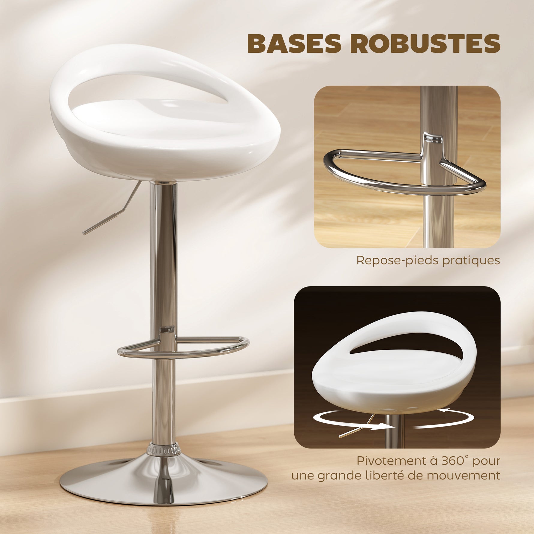 Lot de 2 tabourets de bar chaises de bar hauteur réglable dossier et repose-pieds pivotant à 360° 46x41x76-96cm blanc