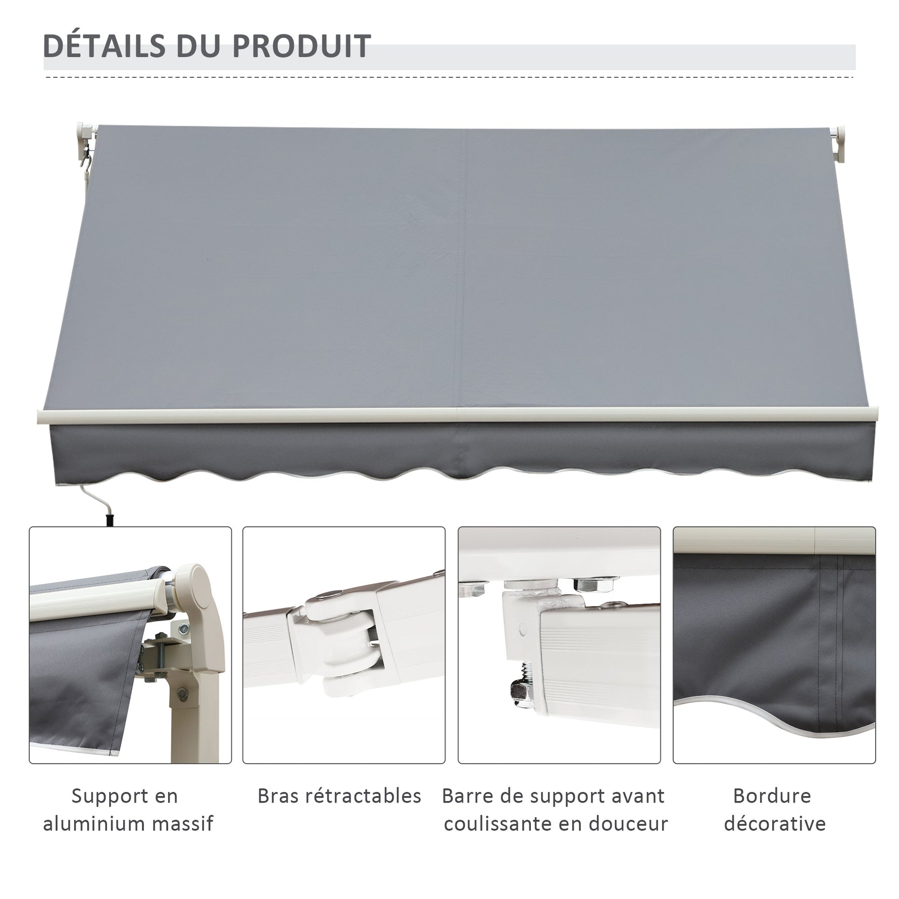 Store banne manuel rétractable 395 x 245 cm store exterieur terrasse avec manivelle, angle réglable 45°-85°