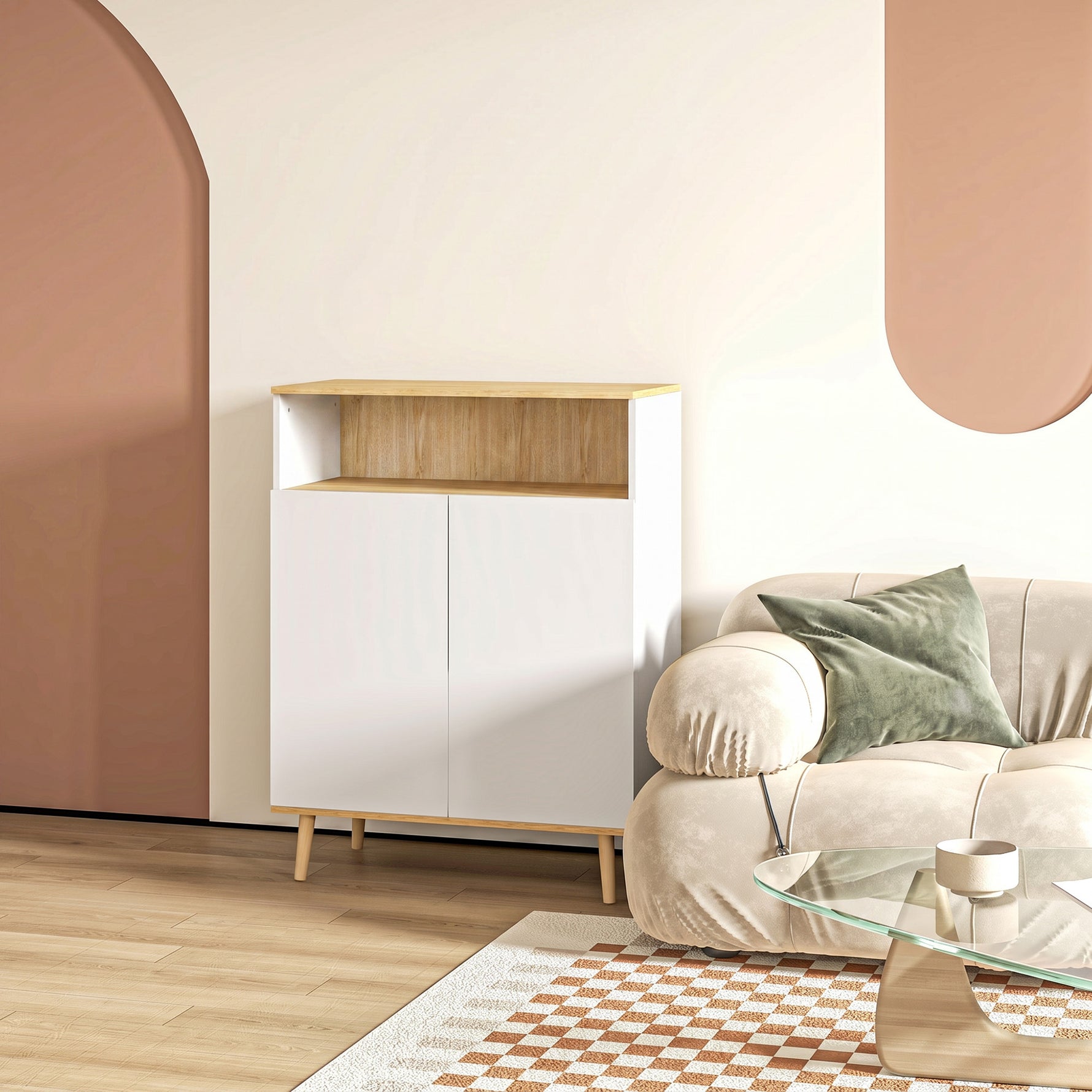 Meuble de rangement buffet sur pied scandinave placard 2 portes avec étagère intérieure blanc et aspect bois