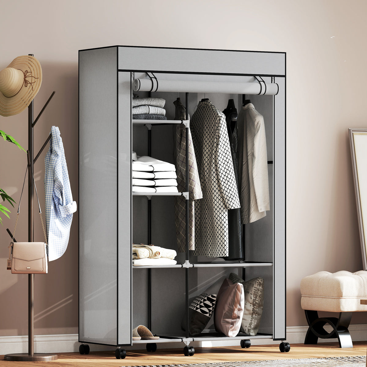 Armadio guardaroba in tessuto mobile contenitore 6 ruote asta appendiabiti e ripiani a giorno 103x43x162,5cm grigio