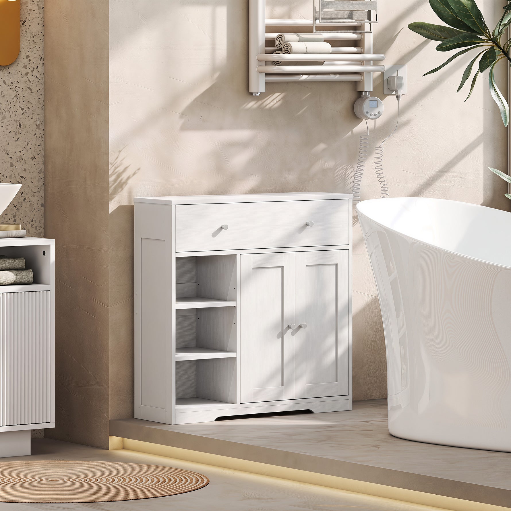 Meuble de Salle de Bain avec 1 Tiroir, 2 Portes, 3 Compartiments Ouverts, Style Scandinave, 80x30x80,2cm, Blanc