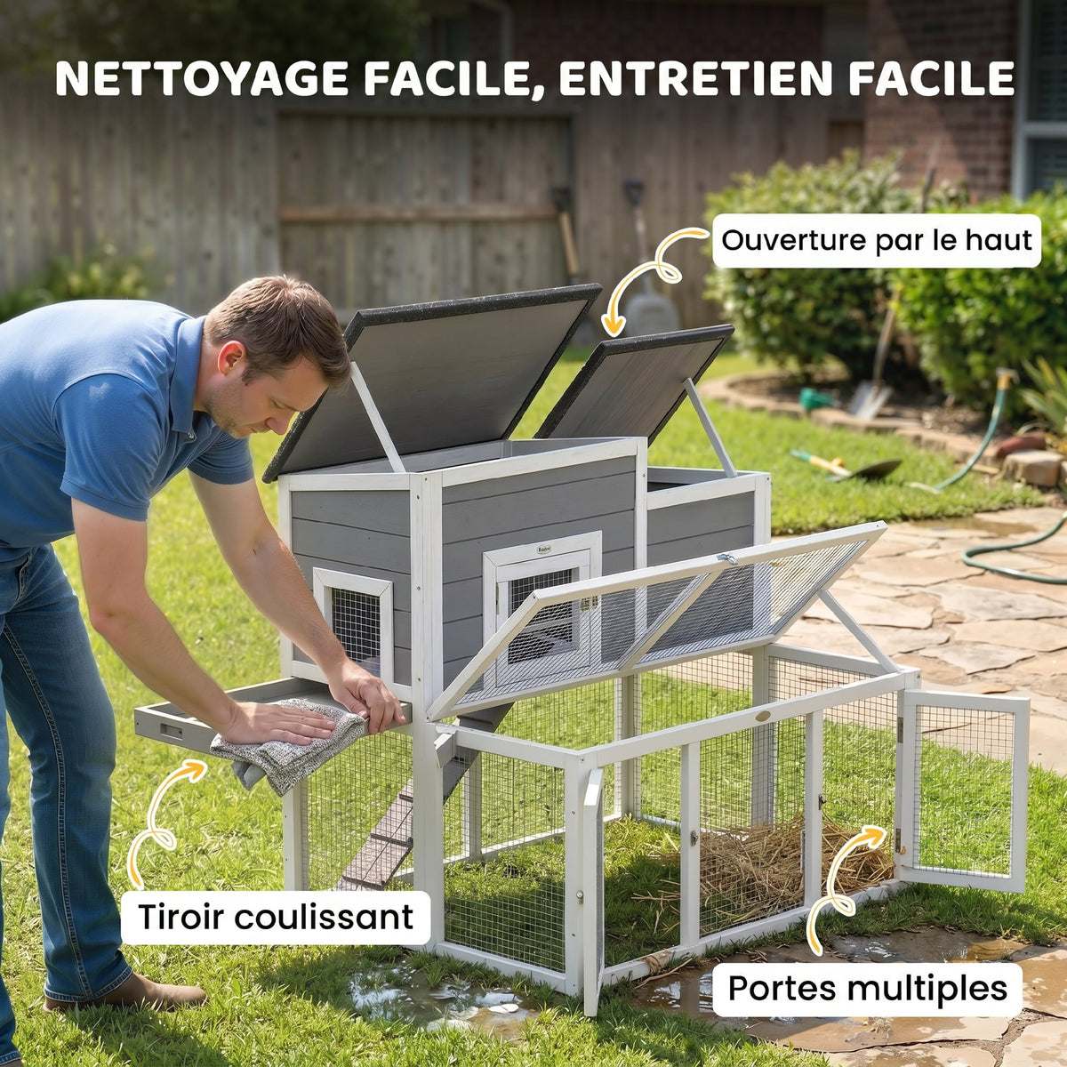 Clapier Lapin Extérieur en Bois Cage à Lapin Intérieur Double Toit Ouvrant Imperméable 2 Niveaux avec Enclos Gris