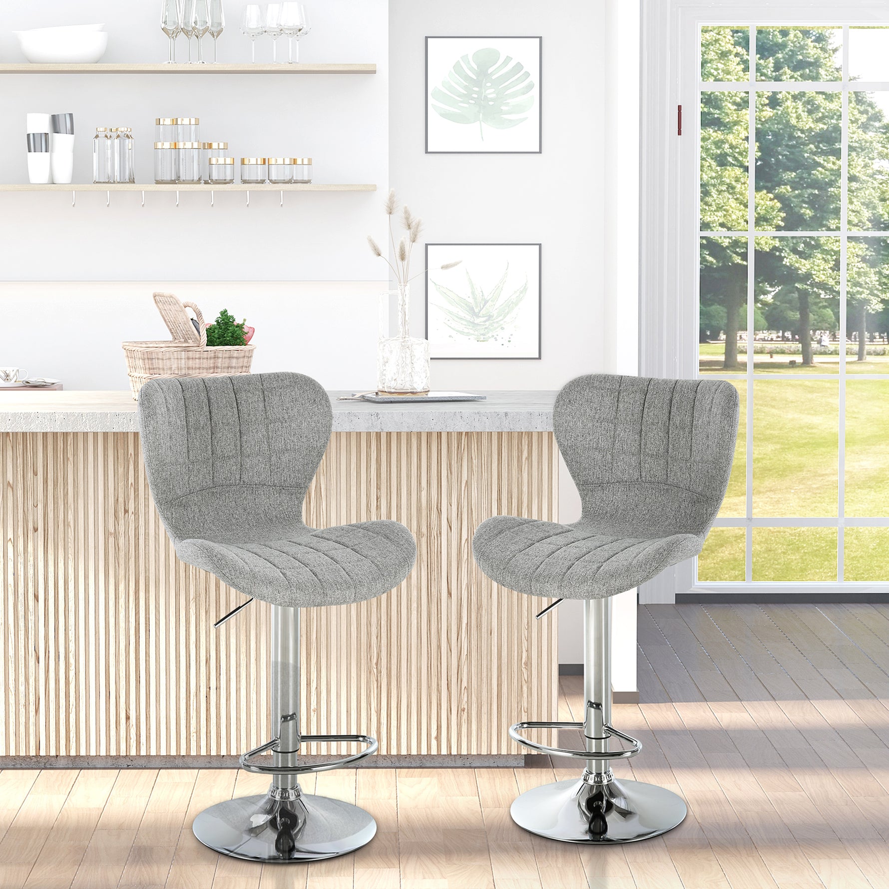 Lot de 2 Tabourets de Bar Design Contemporain Hauteur d'assise réglable 59-81 cm pivotant 360° Lin Gris
