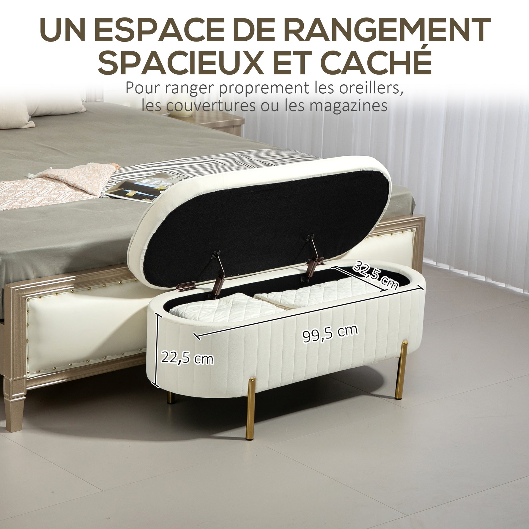 Banc de rangement, bout de lit en velours avec couvercle, pieds en métal, capacité 72 L, 108x44x43,5cm, crème-5