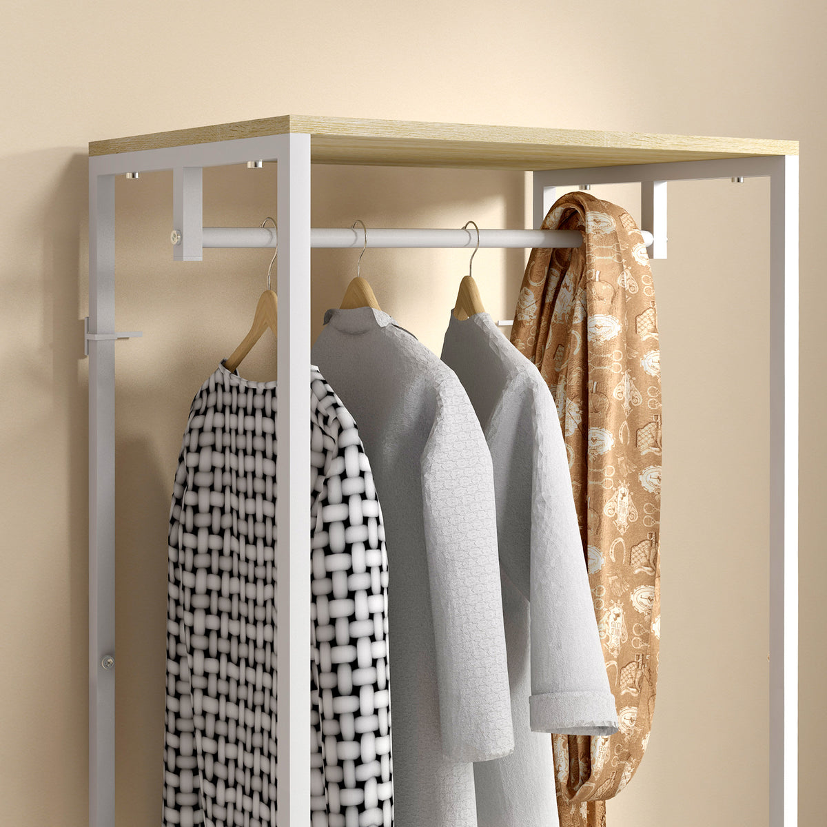 Coat rack with hanging rail and 2 shoe shelves 60L x 40W x 167.5H cm Light wood look White metal