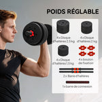 Kit Haltères Musculation 2-en-1, Lot de 2, 25 kg, poids réglable - Barres incluses - entraînement Musculaire & haltérophilie - HDPE Noir Rouge