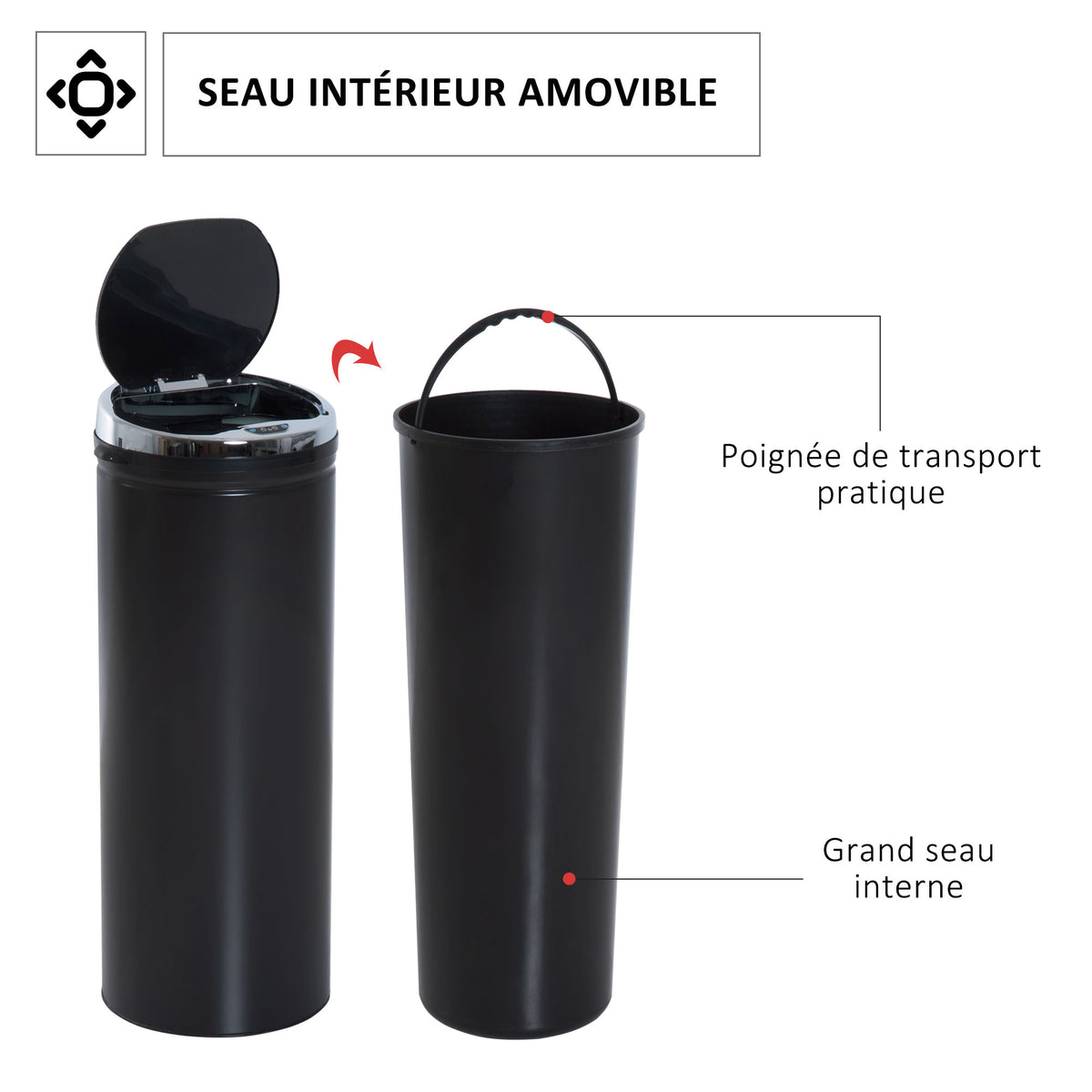 Poubelle à capteur de mouvement ouverture automatique 1 bac de 50 L en acier inoxydable noir