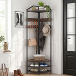 Meuble d'entrée d'angle, vestiaire à 4 niveaux, rangement pour chaussures, 8 patères mobiles, 2 étagères, brun rustique