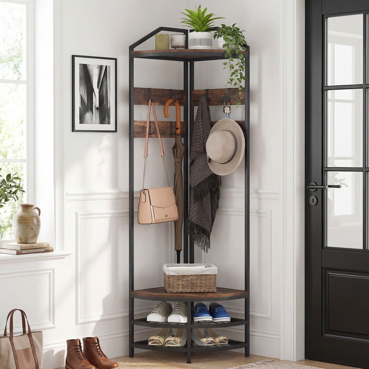 Meuble d'entrée d'angle, vestiaire à 4 niveaux, rangement pour chaussures, 8 patères mobiles, 2 étagères, brun rustique