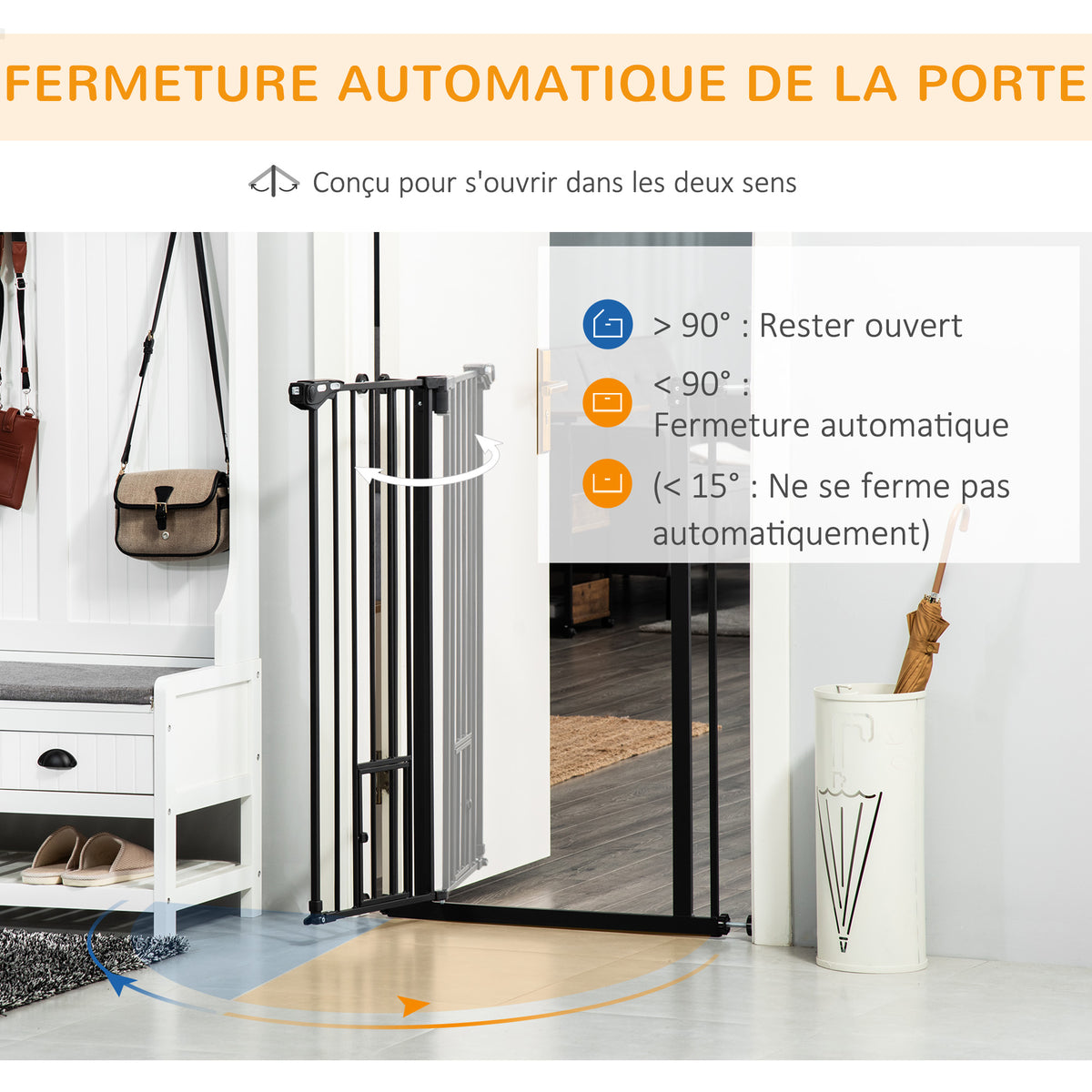 Barrière de sécurité animaux de 104,1H cm avec porte fermeture automatique système de double verrouillage noir