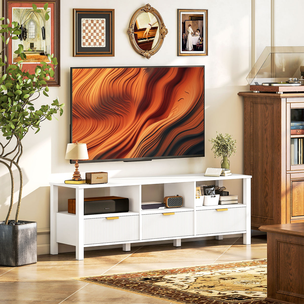 Meuble TV 152 cm, meuble télé pour téléviseur 65 pouces avec 3 tiroirs et 3 étagères ouvertes, 152x39,5x50cm, blanc