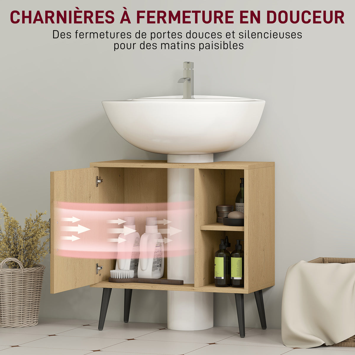 Meuble sous lavabo salle de bain avec porte à fermeture progressive et étagère réglable, 60 x 30 x 59,5 cm, chêne