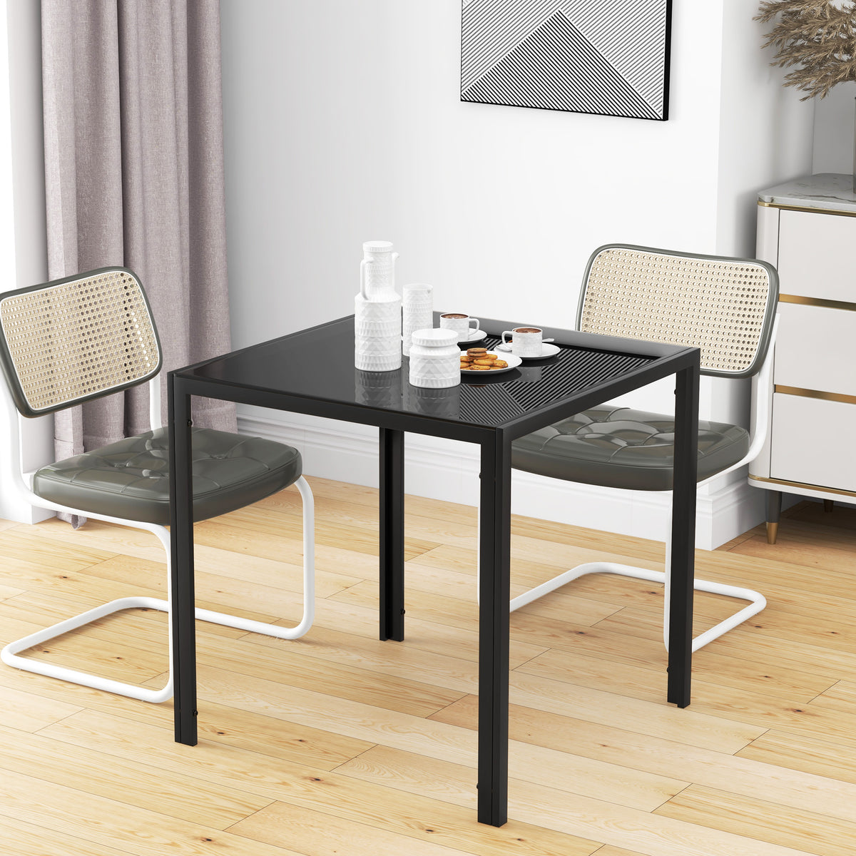 Table à manger pour 4 personnes, table de cuisine avec plateau en verre trempé et pieds en acier, 75 x 75 x 75 cm, noir