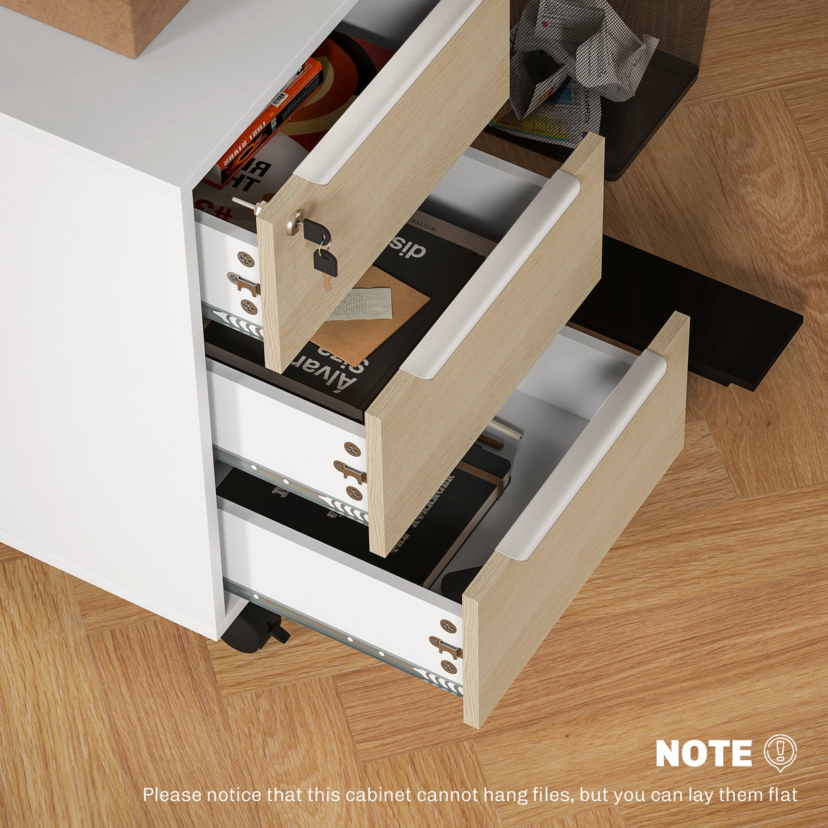 Cassettiera da ufficio con ruote a 3 cassetti e serratura, mobile contenitore da ufficio su ruote, 40 x 40 x 63,5 cm, rovere