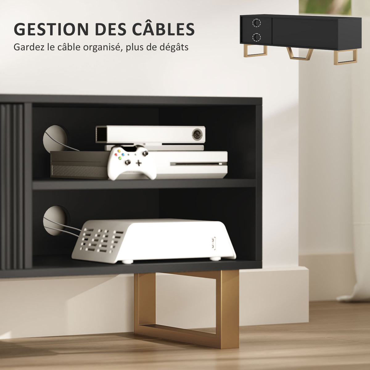 Meuble TV banc TV pour téléviseur jusqu'à 70 pouces - placard à 2 portes cannelées, compartiment ouvert et passe-câbles