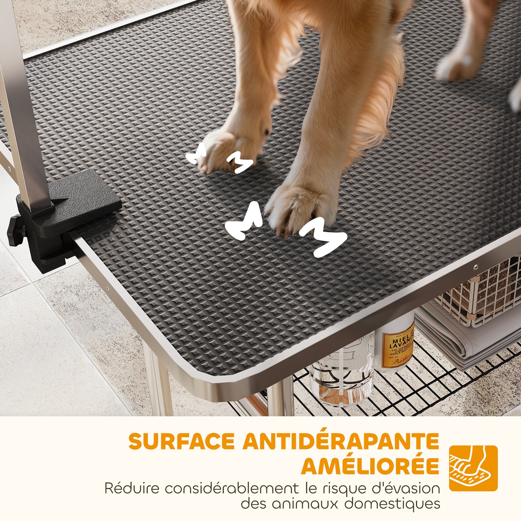 Table de toilettage pour chien pliante potence H-forme inox réglable 2 sangles panier 107 x 60 x 164 cm noir