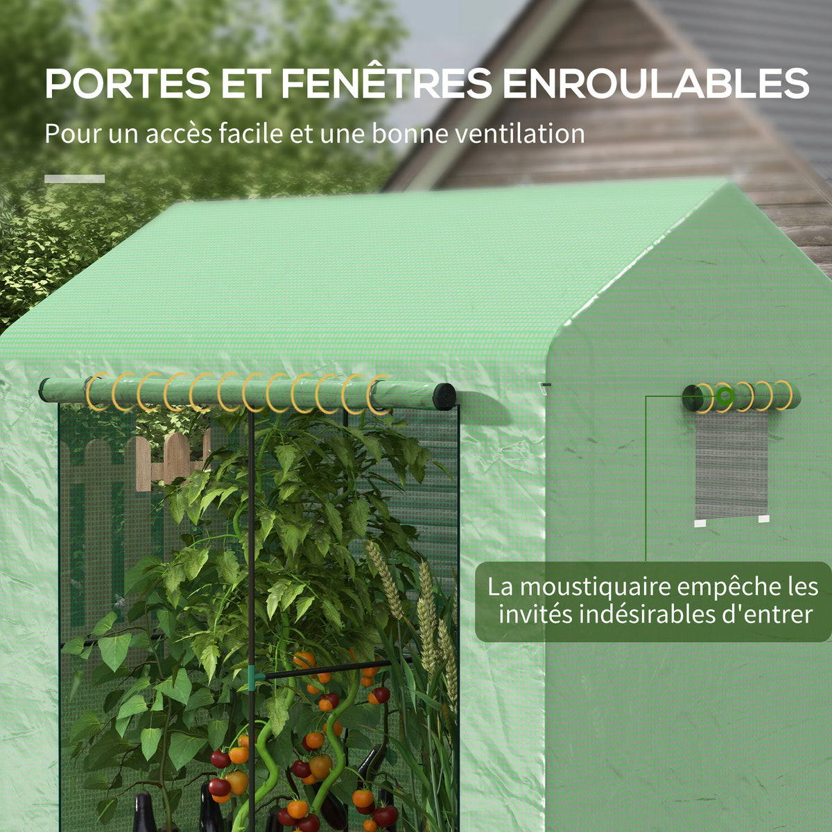 Serre de jardin 2,8m² avec 1 grande porte enroulable et 2 fenêtres, dim. 200L x 140l x 200H cm, vert