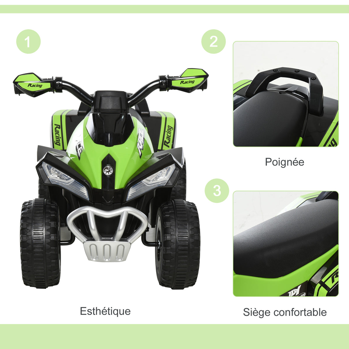 Toddler Quad Ride-on 18-36 Months dim. 67L x 38W x 44H cm Light and Sound Effects Green Black