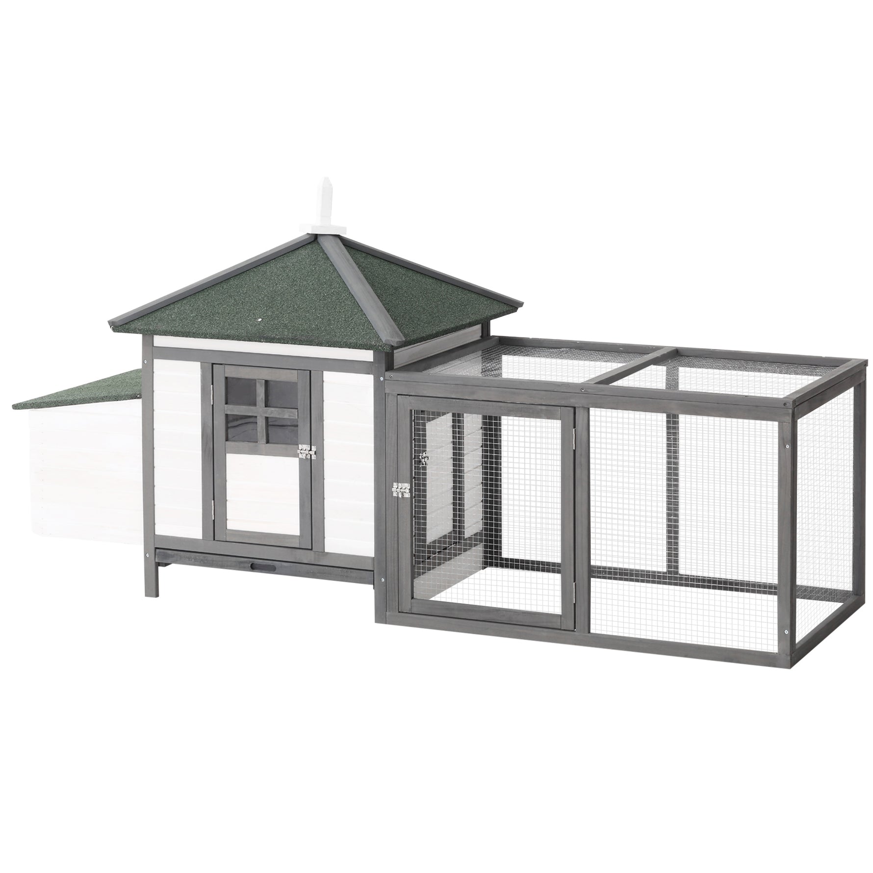 Poulailler cottage multi-équipement perchoir rampe pondoir enclos tiroir à déjection 196L x 76l x 97H cm bois massif pin gris blanc