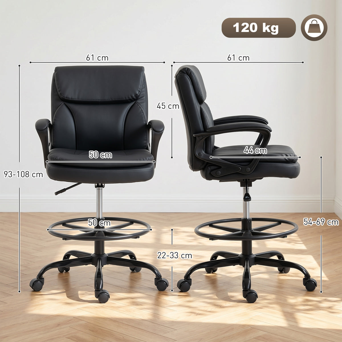Chaise bureau ergonomique, chaise de dessin réglable en hauteur, repose-pieds réglable, 61 x 61 x 108 cm, noir