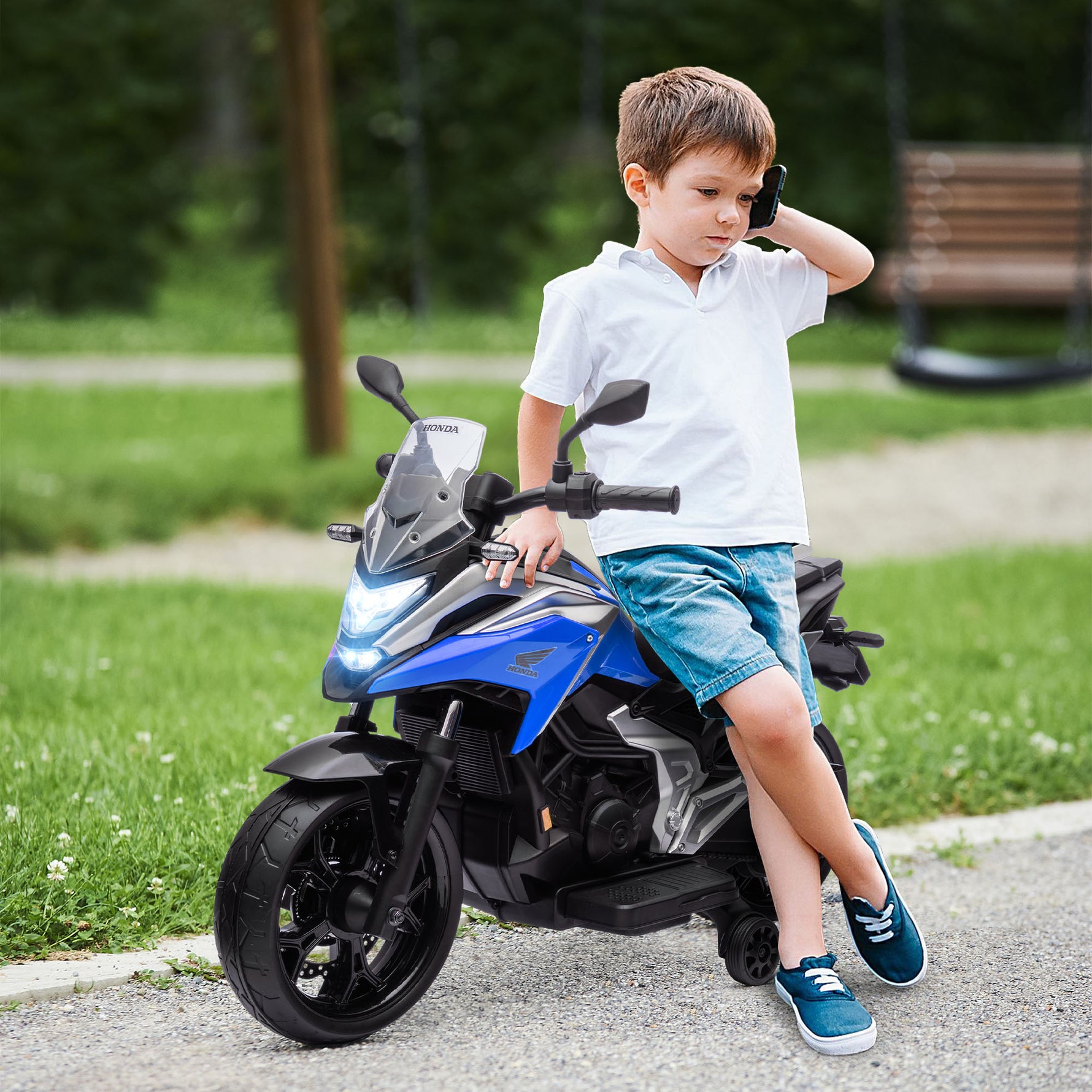 Moto électrique pour enfants moto porteur Honda pour enfants 3 à 6 ans avec musique, phares bleu